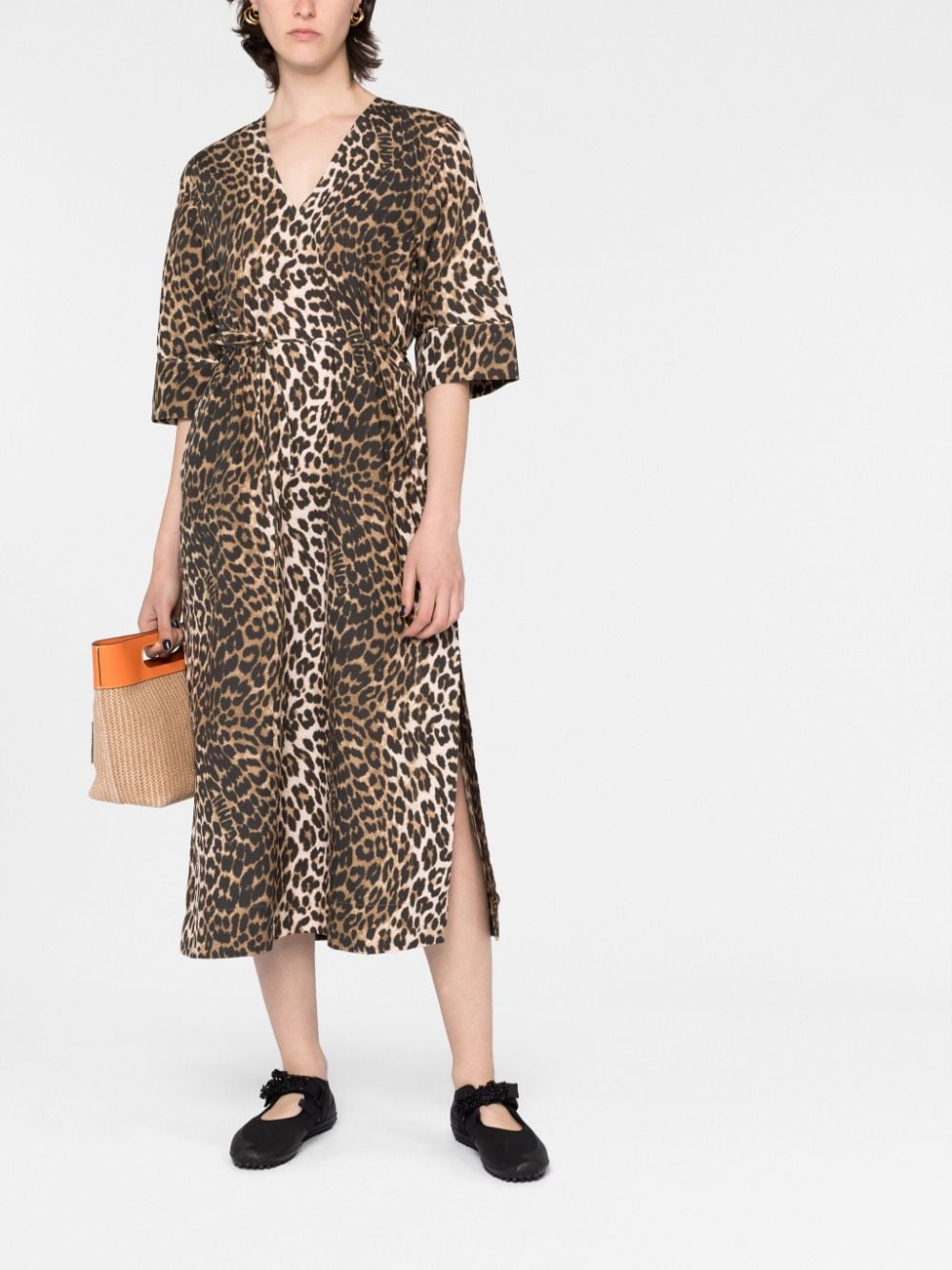 Shop Ganni Leopard-print Tied-waist Midi Dress In Braun
