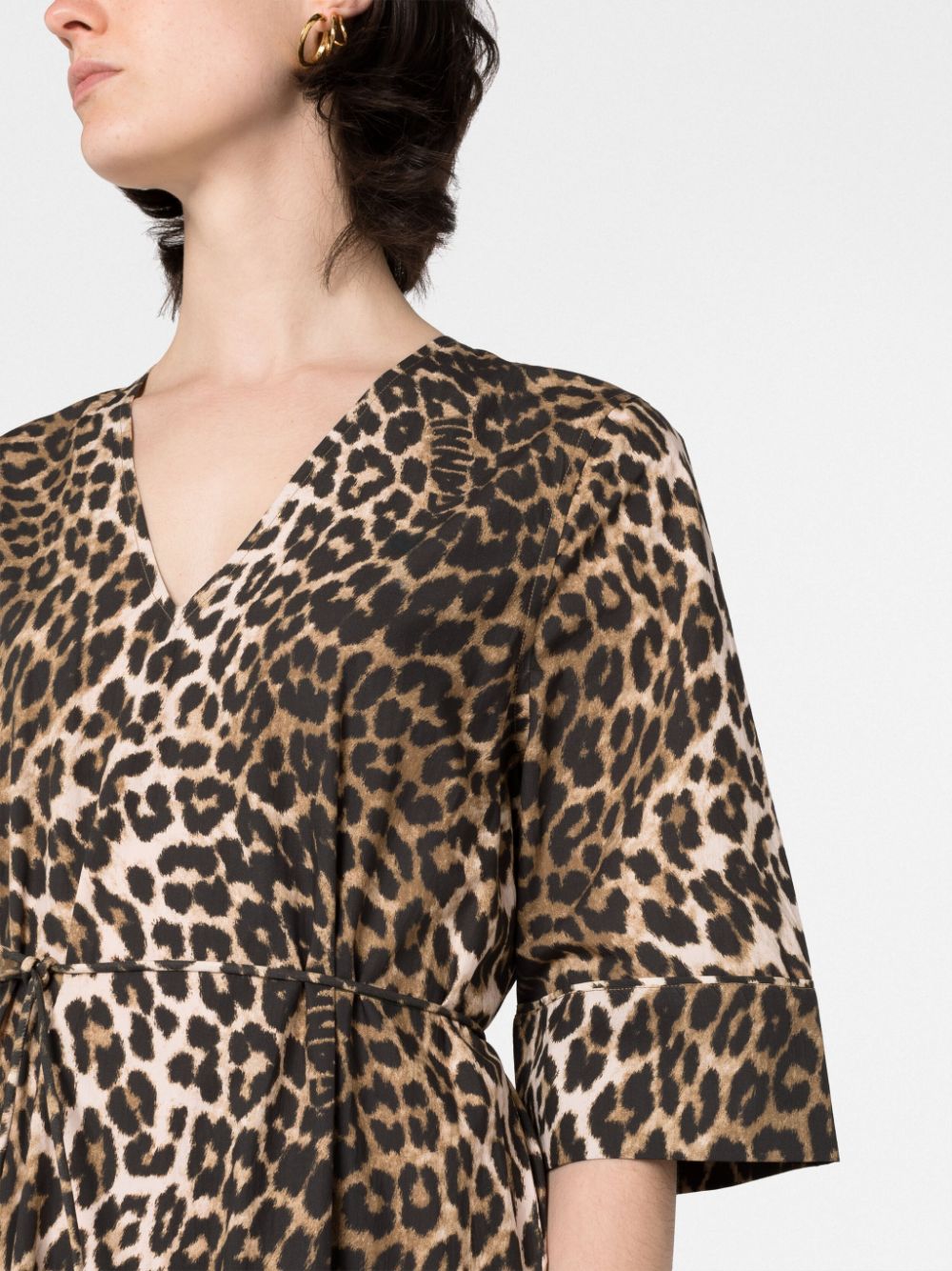 Shop Ganni Leopard-print Tied-waist Midi Dress In Braun