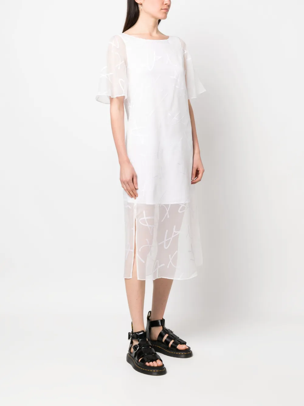 Armani Exchange Sheer-overlay Midi Dress In Weiss