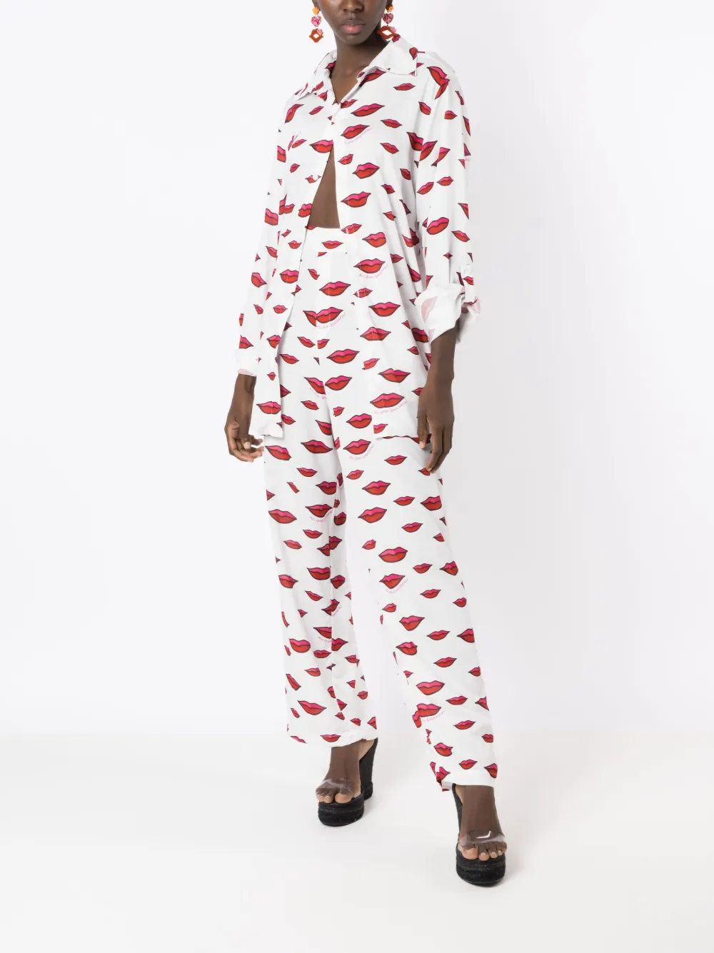 Shop Amir Slama Lips-motif Straight Trousers In White