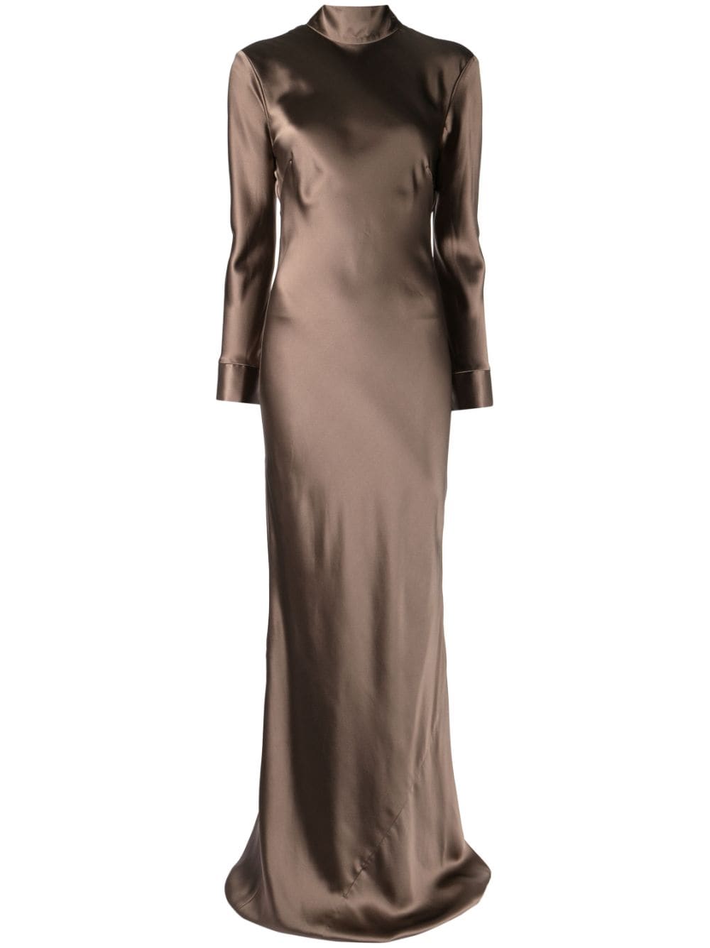 Michelle Mason Open-back Long-sleeve Gown Dress In Brown
