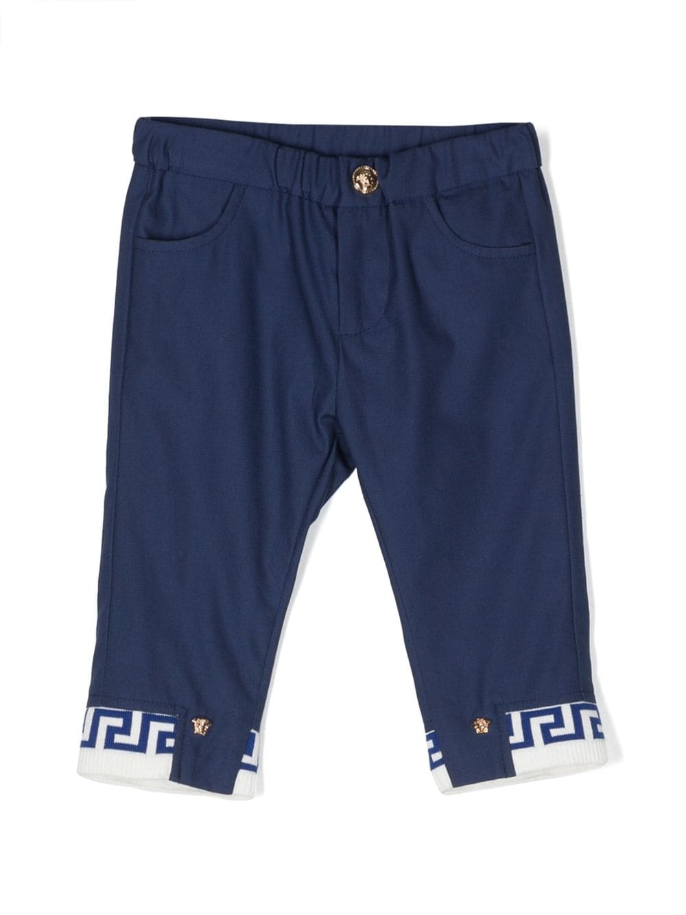 Shop Versace Medusa-motif Greca-trim Trousers In Blue