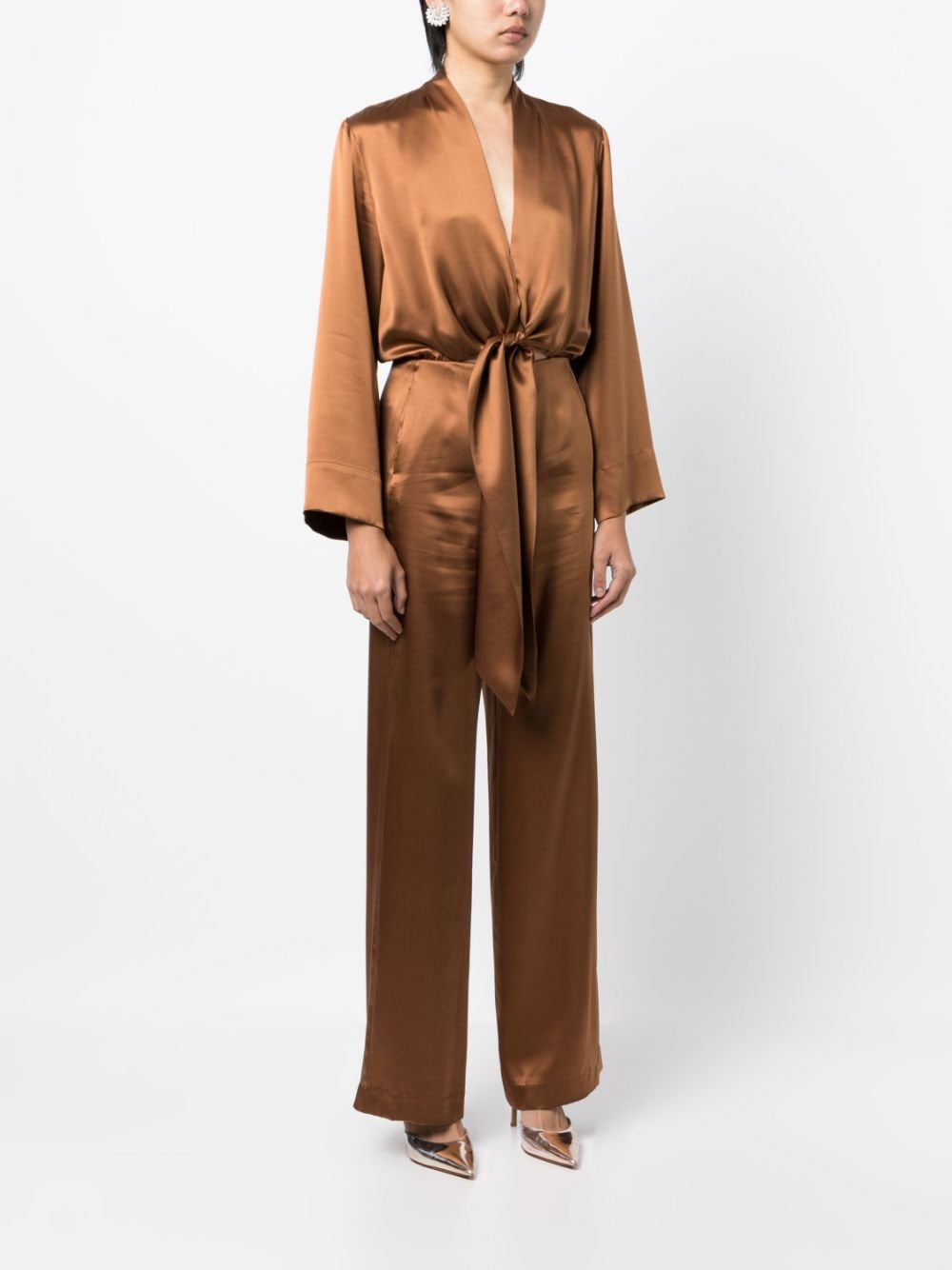 Shop Michelle Mason Tie-front Kimono Jumpsuit In Brown