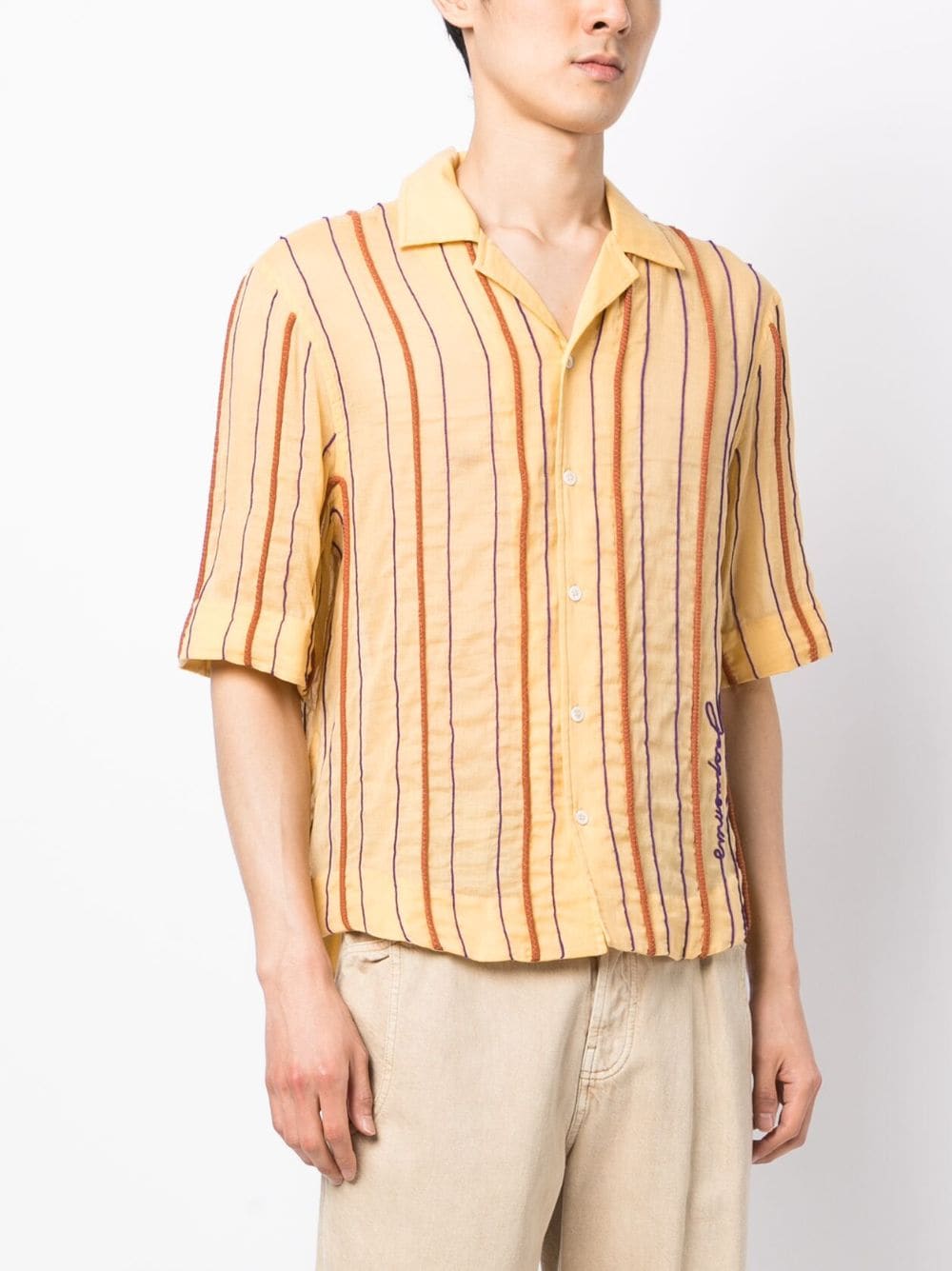 Shop Jacquemus Embroidered-logo Striped Shirt In Gelb