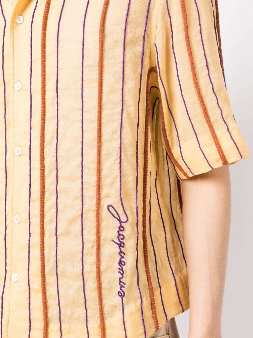 Shop Jacquemus Embroidered-logo Striped Shirt In Gelb