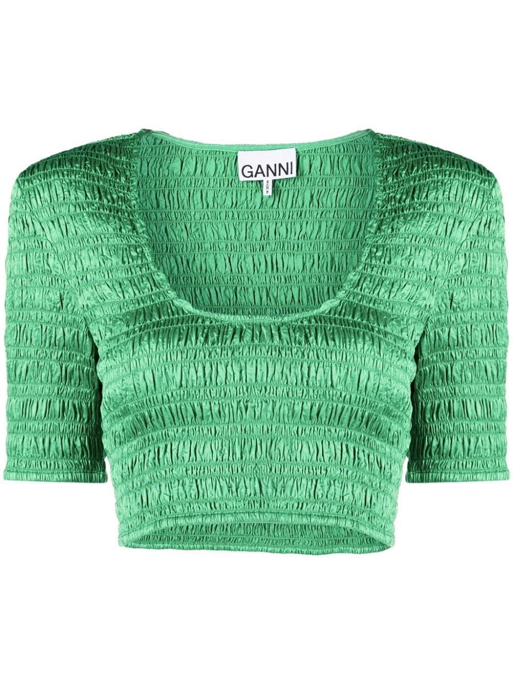 Shop Ganni Cropped Smocked Top In Green