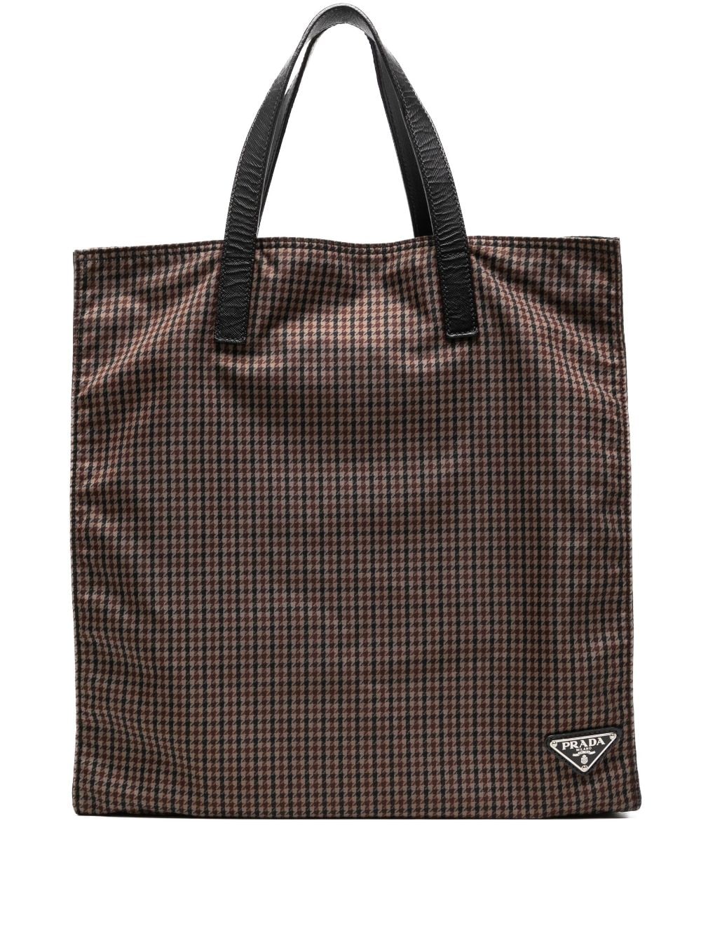 Pre-owned Prada Triangle Logo Houndstooth-pattern Tote Bag In Brown