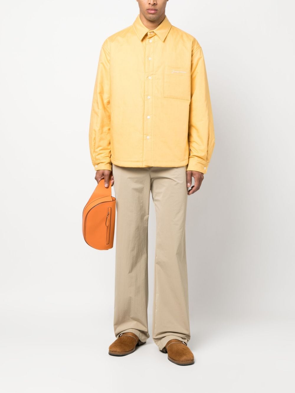 Shop Jacquemus Embroidered-logo Button-fastening Jacket In Yellow