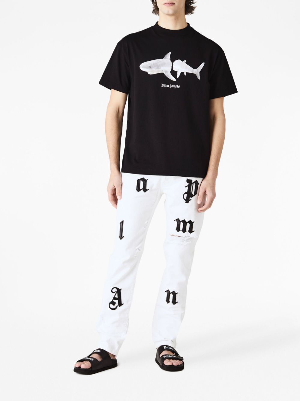 Shop Palm Angels Shark Cotton T-shirt In Black/white