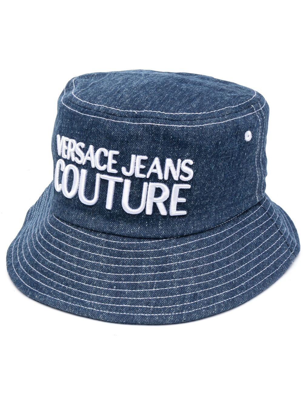 Versace Jeans Couture Institutional Logo Embroidered Denim Bucket Hat In Denim/white