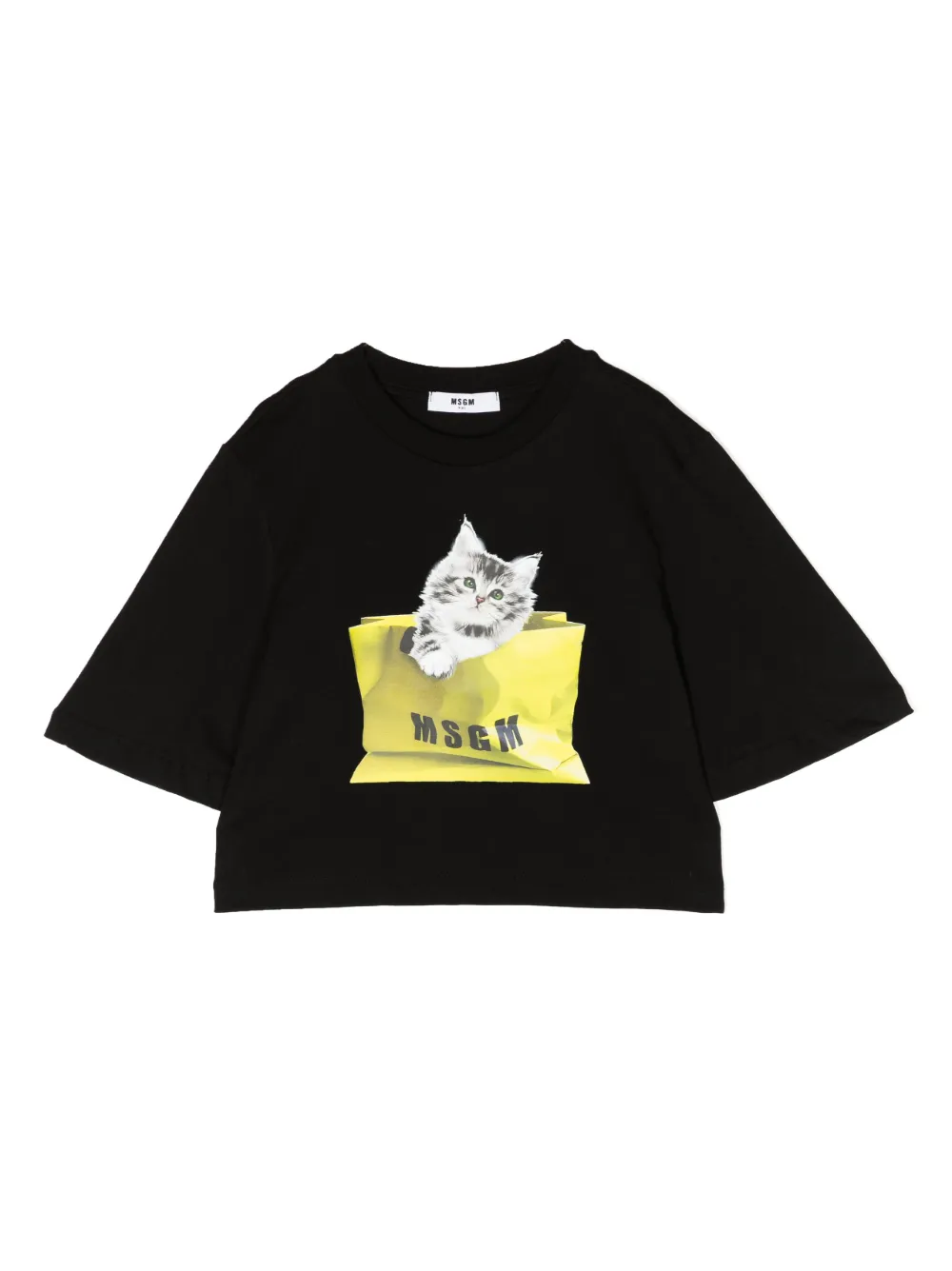 Msgm Kids' Graphic-print Cropped T-shirt In Black