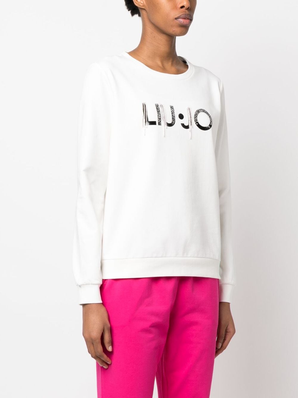 Shop Liu •jo Crystal Fringe Logo Sweatshirt In White