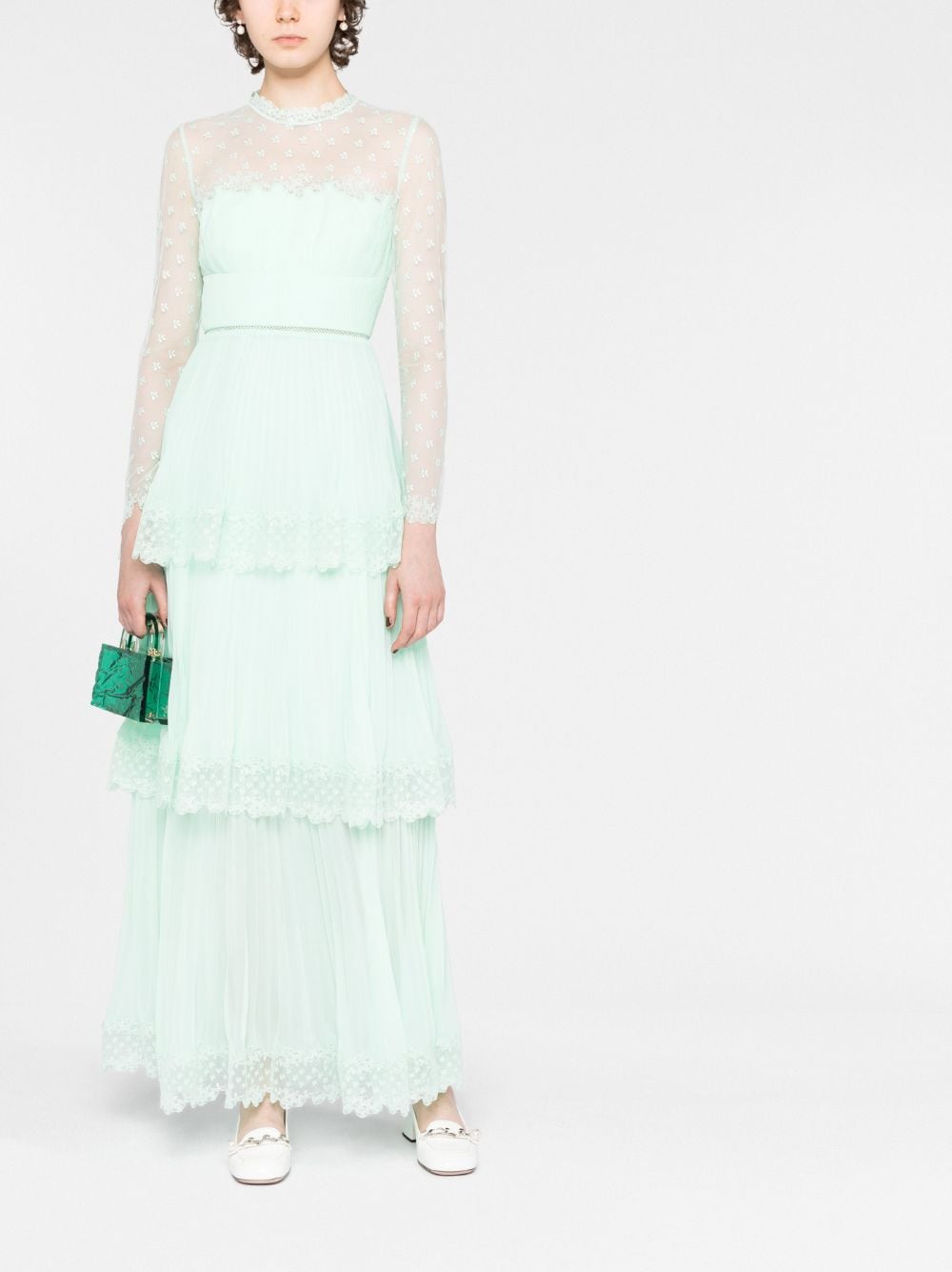 Shop Self-portrait Lace-trimmed Chiffon Tiered Dress In Green