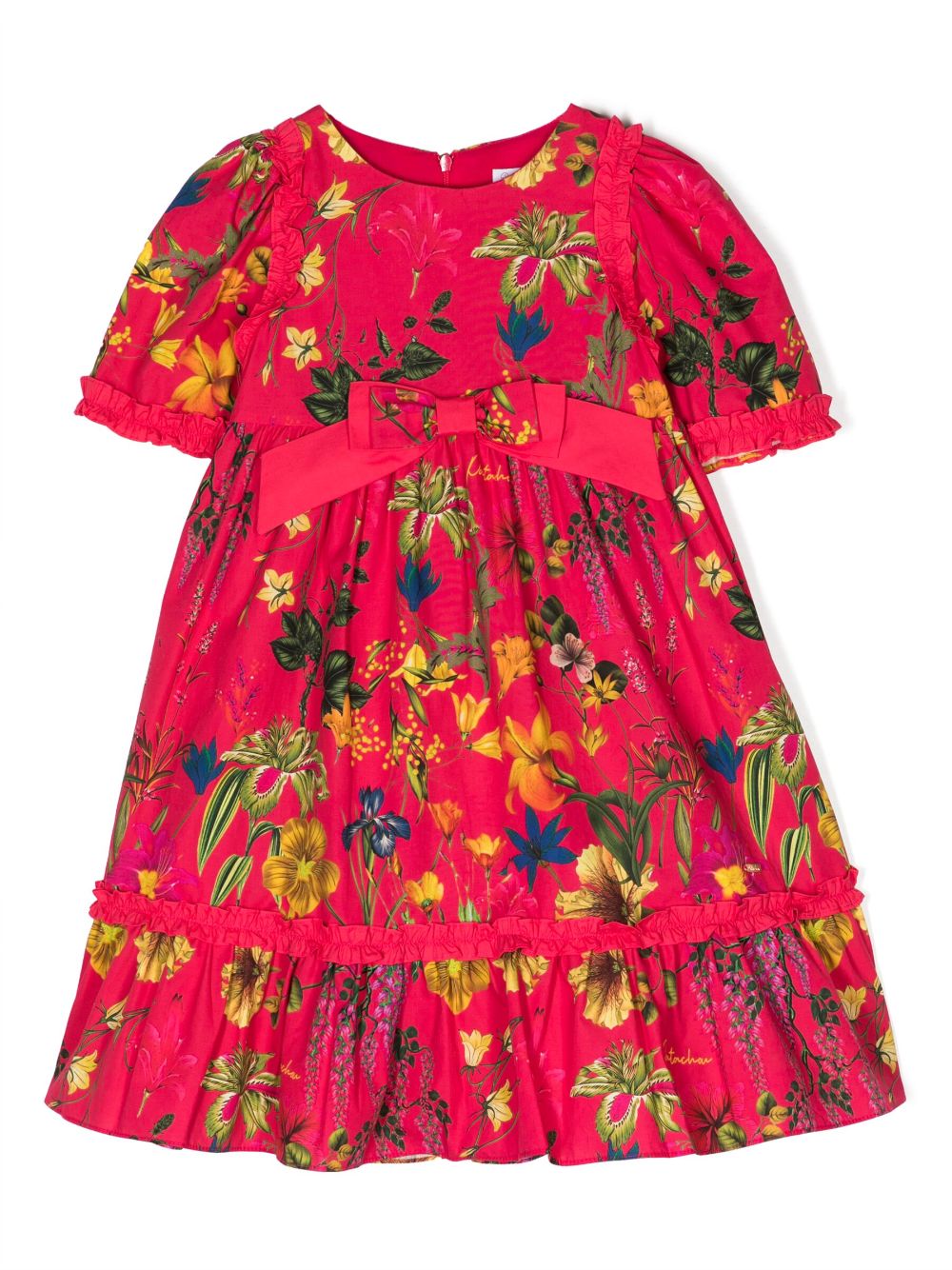 Patachou Kids' Floral-print Short-sleeve Dress In Pink