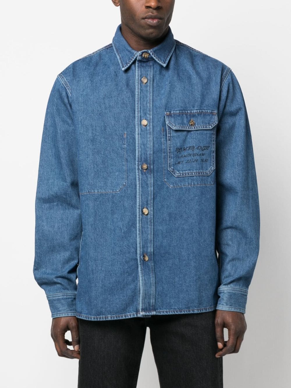 Shop Jw Anderson Face-print Denim Shirt In Blau