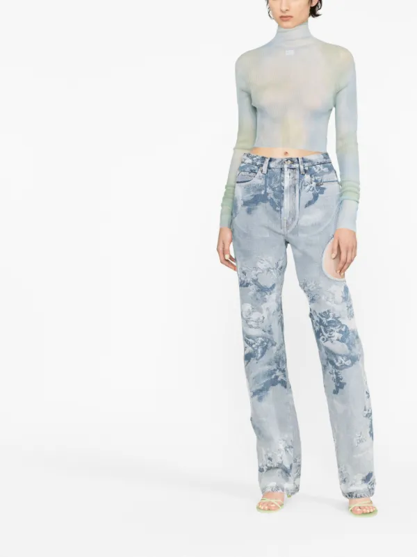 ★Off-White★ Tie Dye Crop Tee Blue OWAD216S23FAB0054000 OWA FOREVER 21 Tie Dye Crop Top Cut Off Tee T-Shirt Uneven Hem
