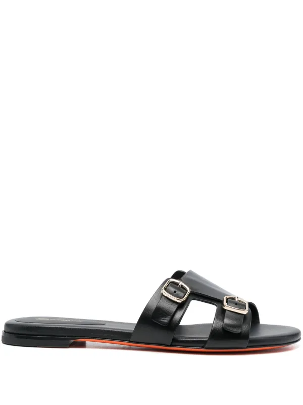 Santoni Double-strap Flat Leather Sandals in Black
