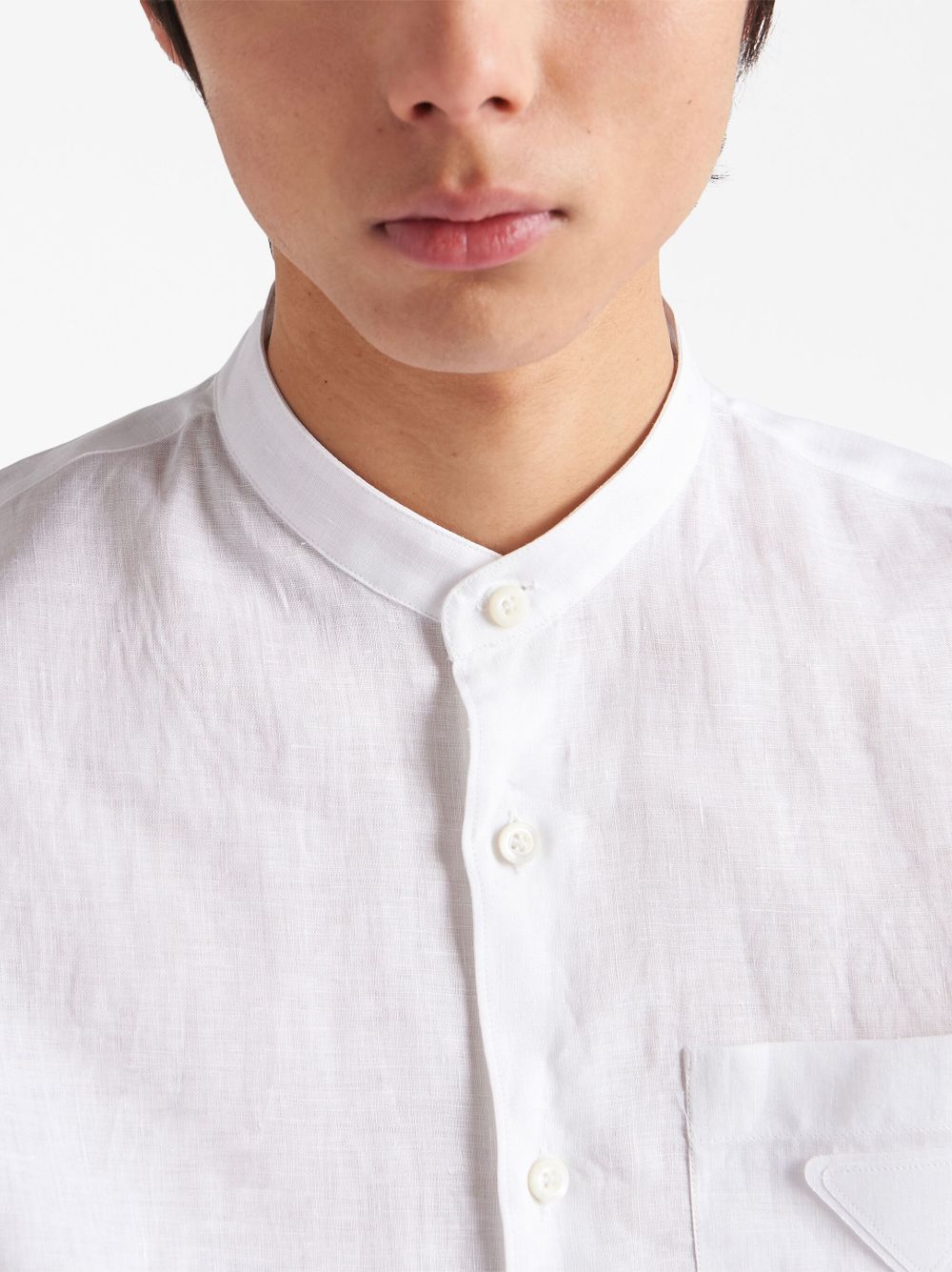 Shop Prada Band-collar Linen Shirt In White