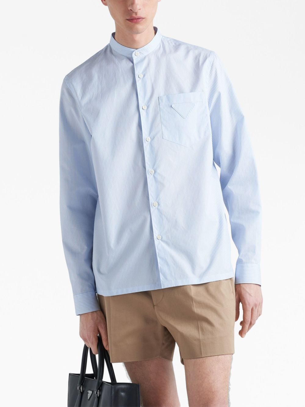 Shop Prada Band-collar Striped Shirt In 蓝色