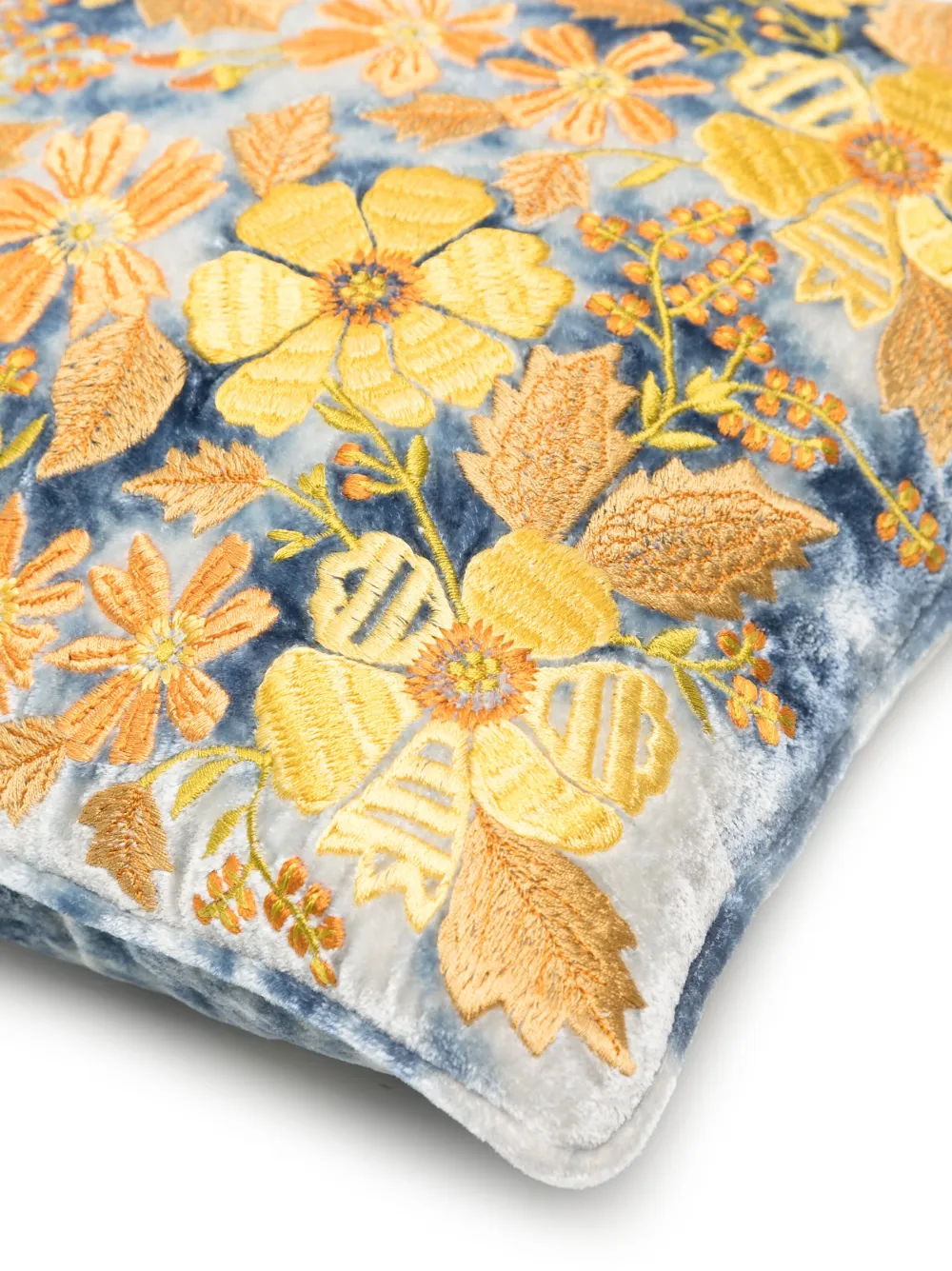 Shop Anke Drechsel Floral-embroidered Silk-velvet Cushion In Blue