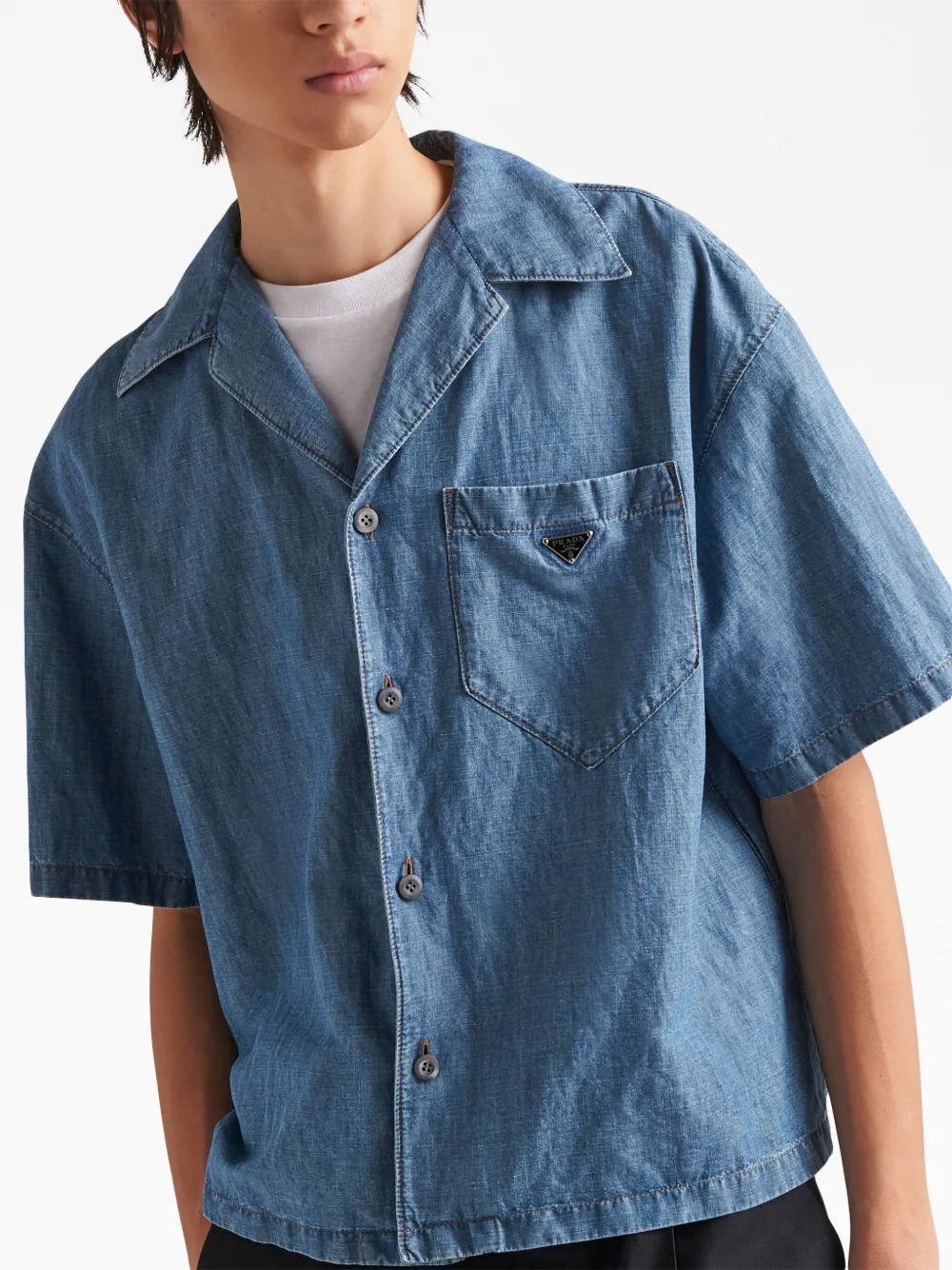 Shop Prada Short-sleeved Chambray Shirt In Blue