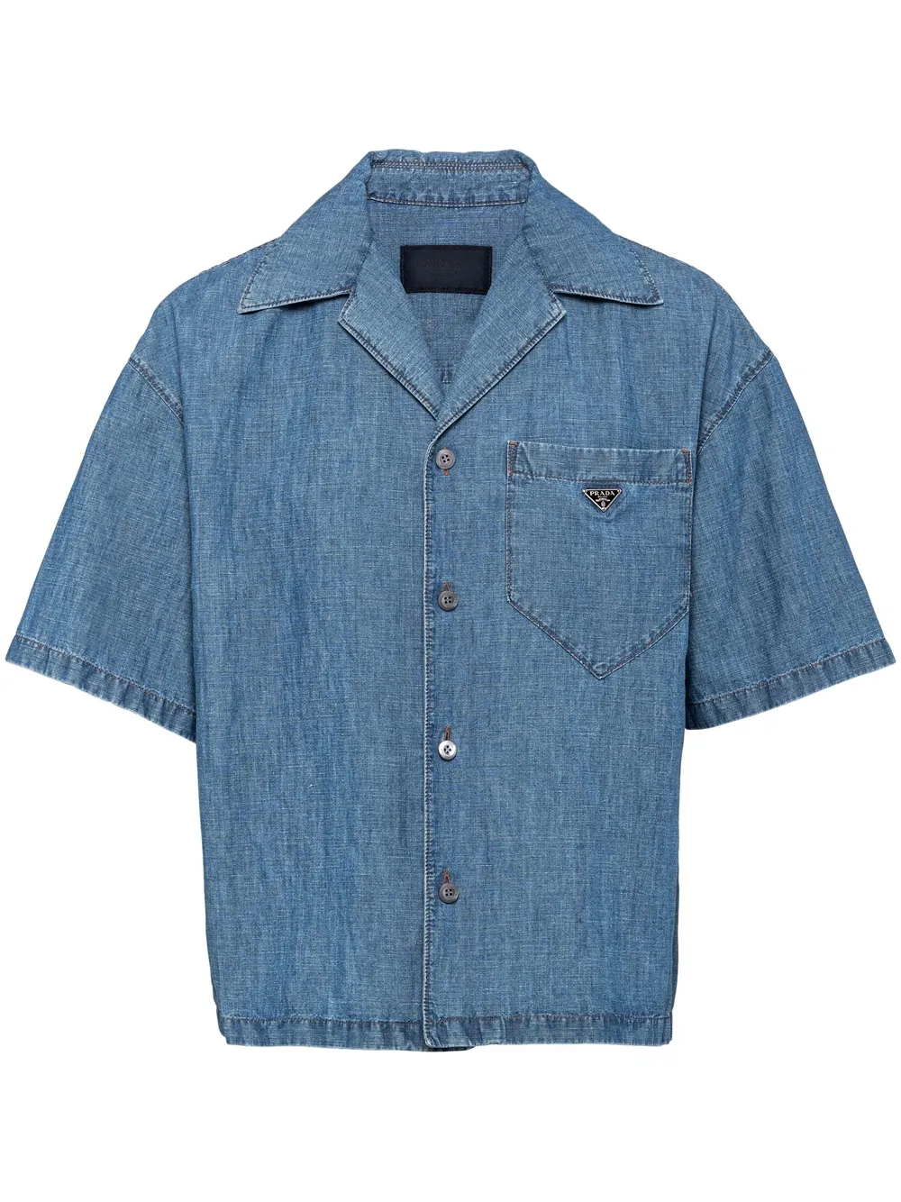 Shop Prada Short-sleeved Chambray Shirt In Blue