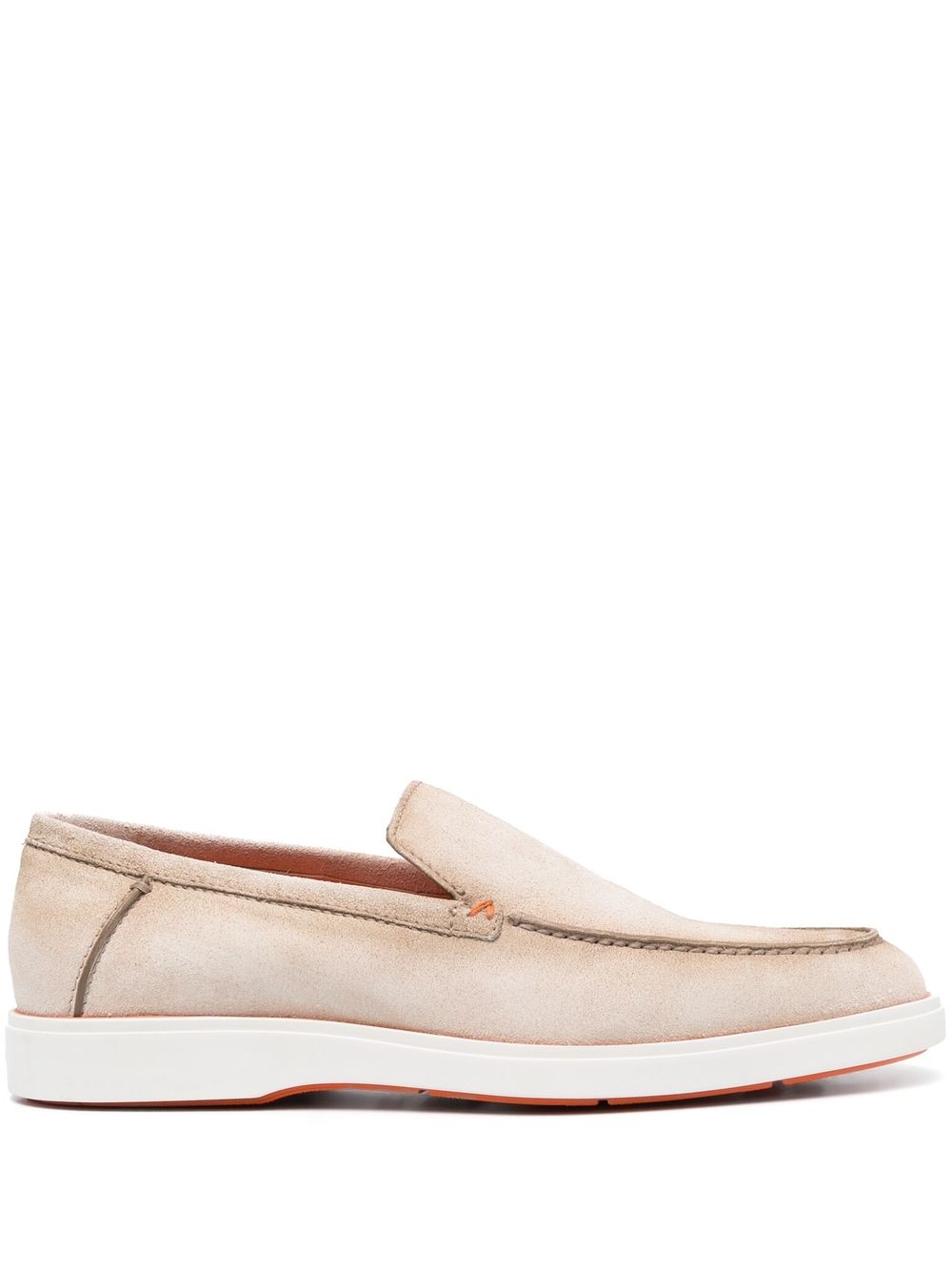 Shop Santoni Almond-toe Suede Loafers In Nude