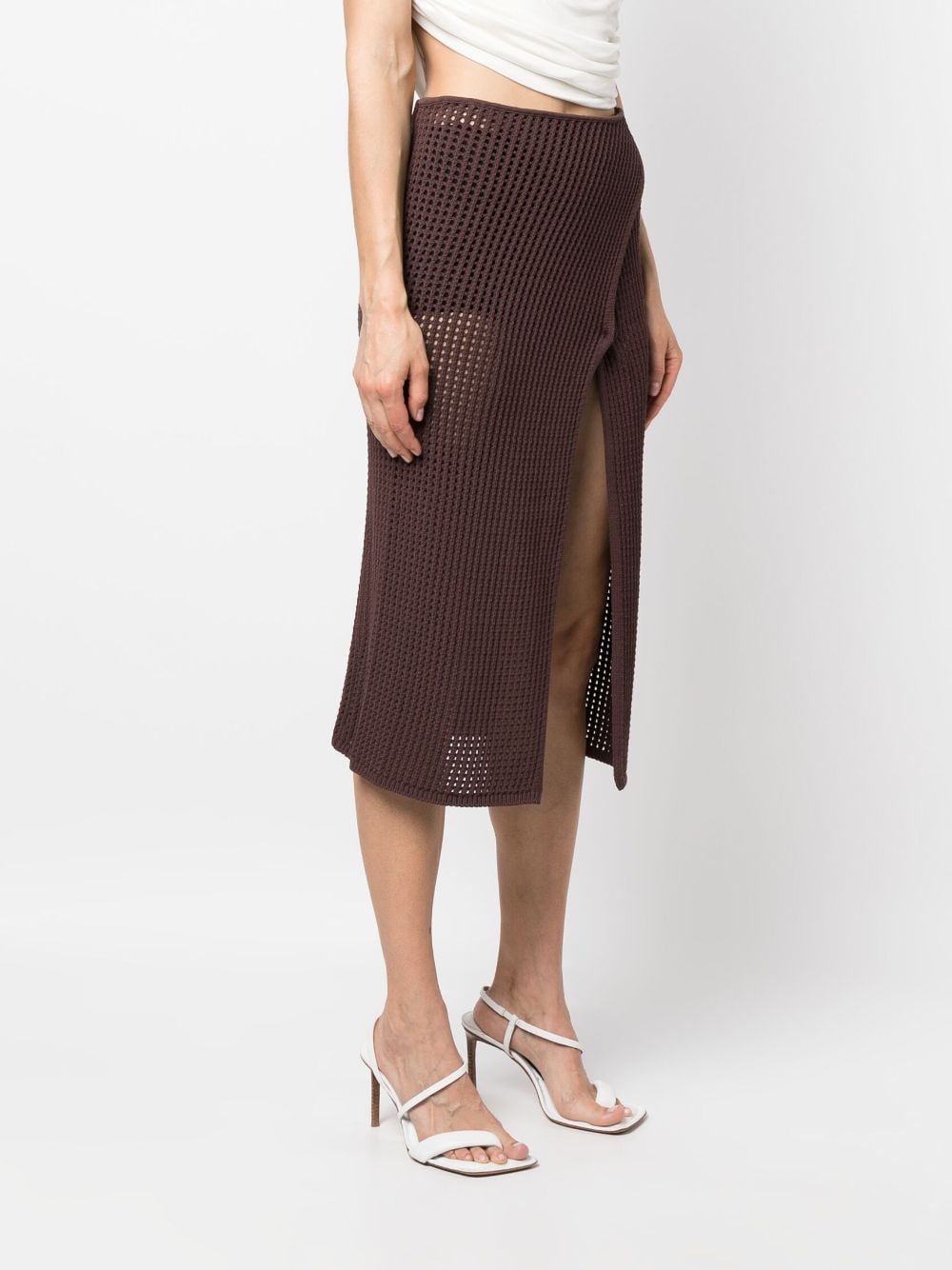 Shop Andreädamo Front-slit Crochet-knit Midi Skirt In Brown