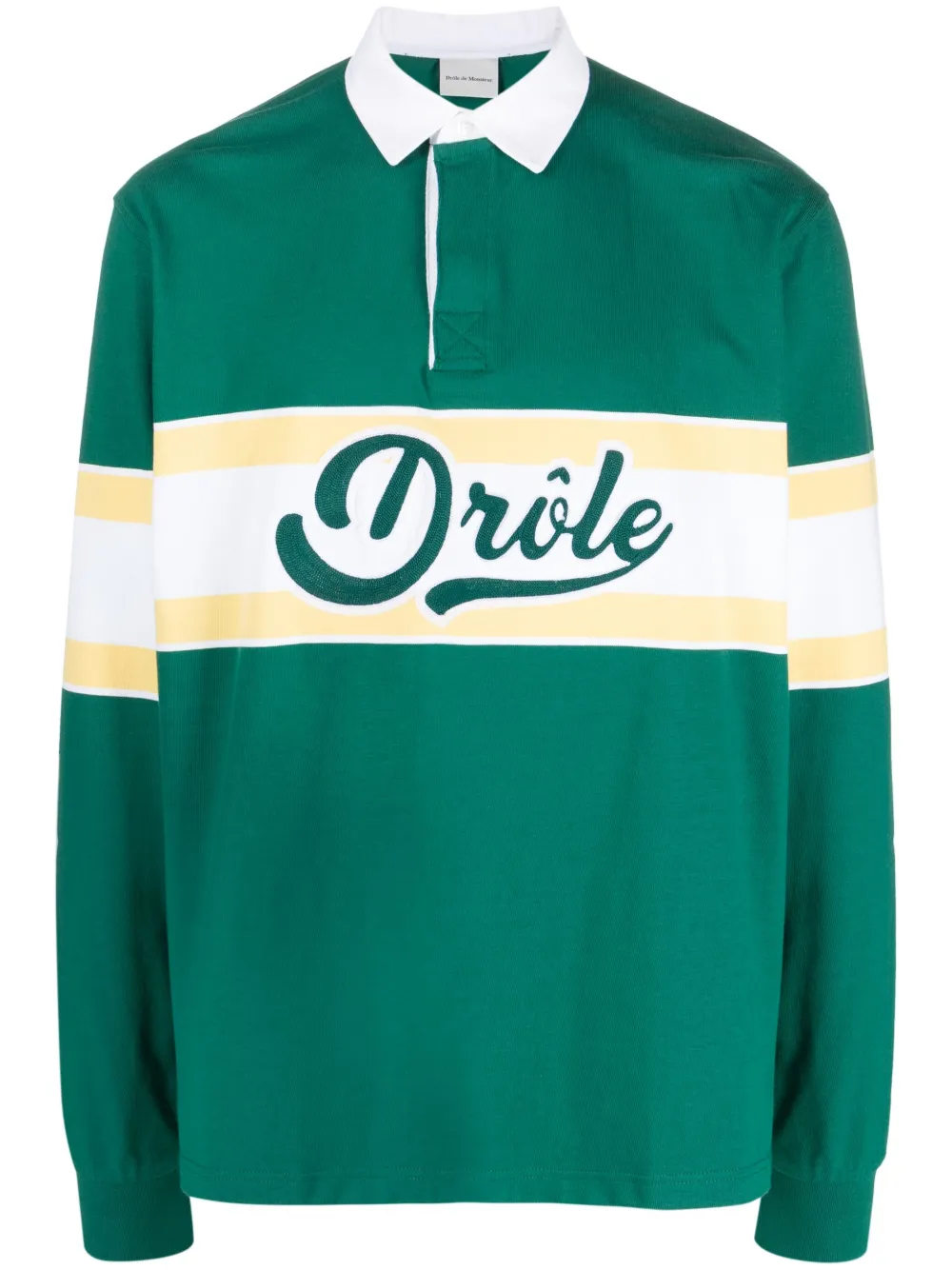 Drôle De Monsieur Green Long Sleeved Polo Shirt With Drole Print In Grün