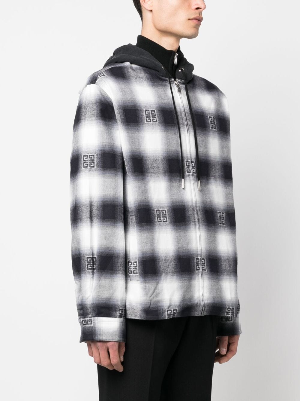 Shop Givenchy Check-pattern Oversize Hooded Shirt Jacket In Black