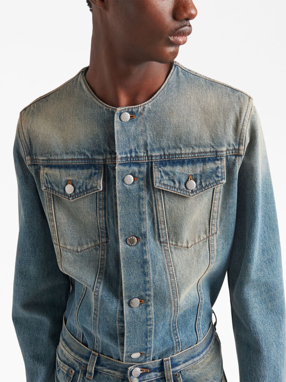 Shop Prada Collarless Denim Jacket In Blue