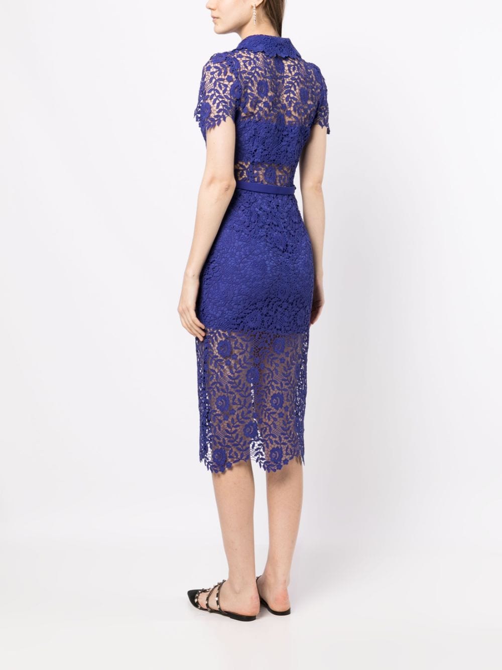 Shop Self-portrait Floral-lace Button-up Midi Dress In Blau