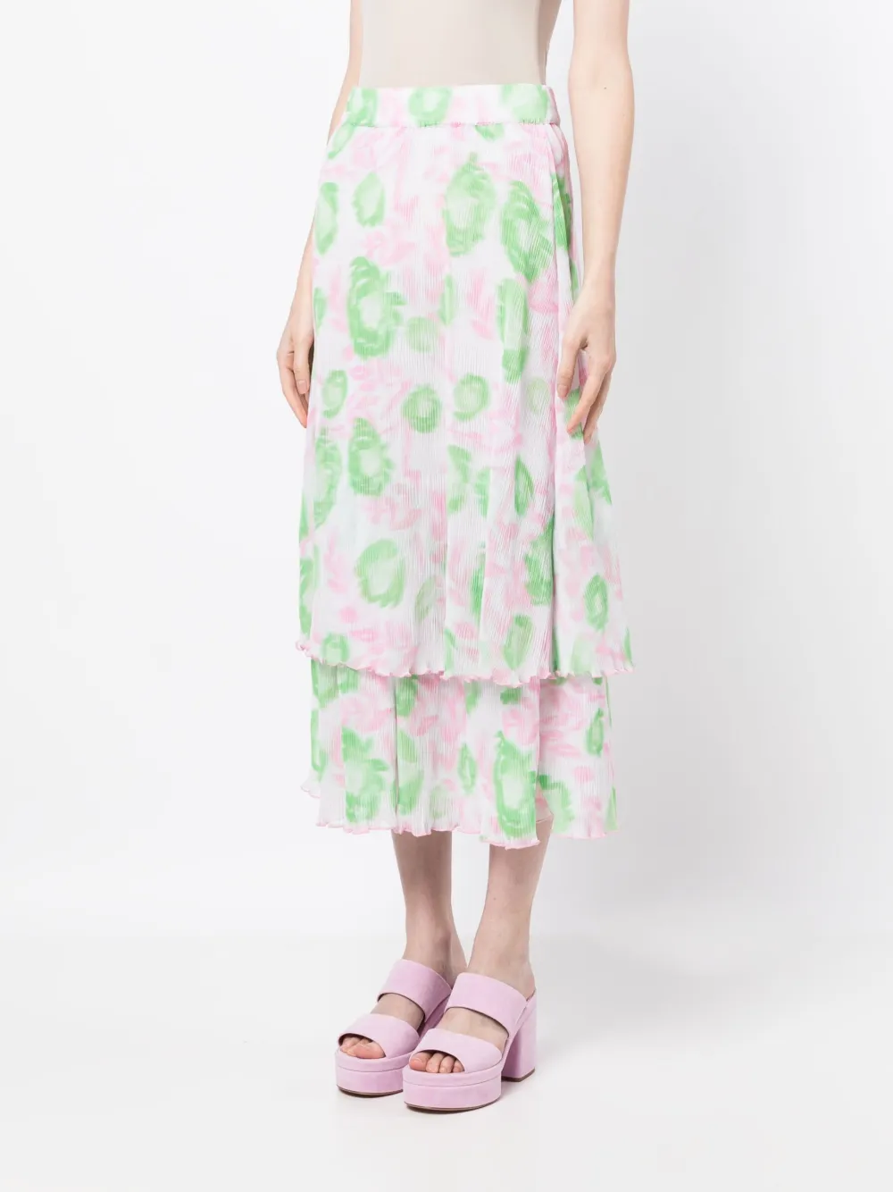 Shop Ganni Floral-print Layered Midi Skirt In 粉色