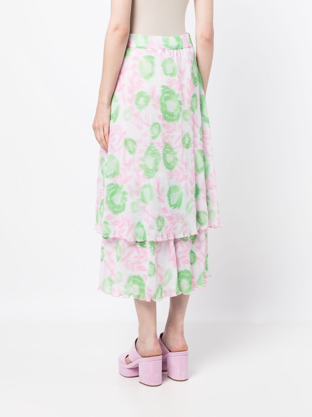 Shop Ganni Floral-print Layered Midi Skirt In 粉色