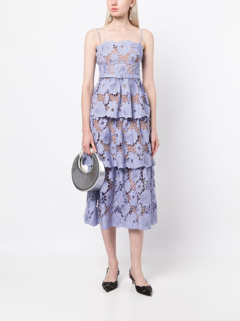 Shop Self-portrait Floral-lace Cotton Midi Dress In Purple