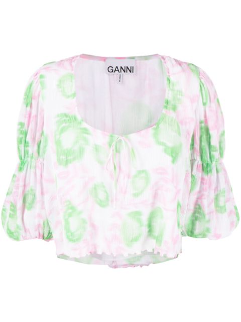 GANNI floral-print pleated georgette blouse Women