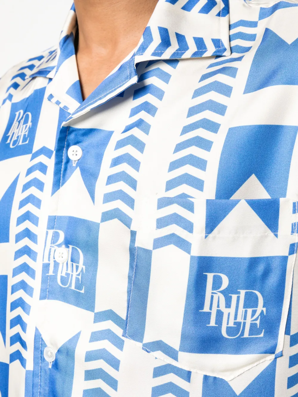 Rhude Allover Logo Printed Satin S/s Shirt In Blau