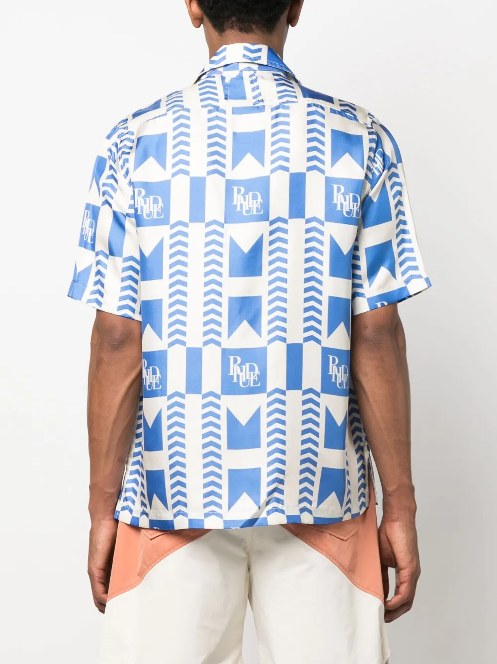 Rhude Allover Logo Printed Satin S/s Shirt In Blau