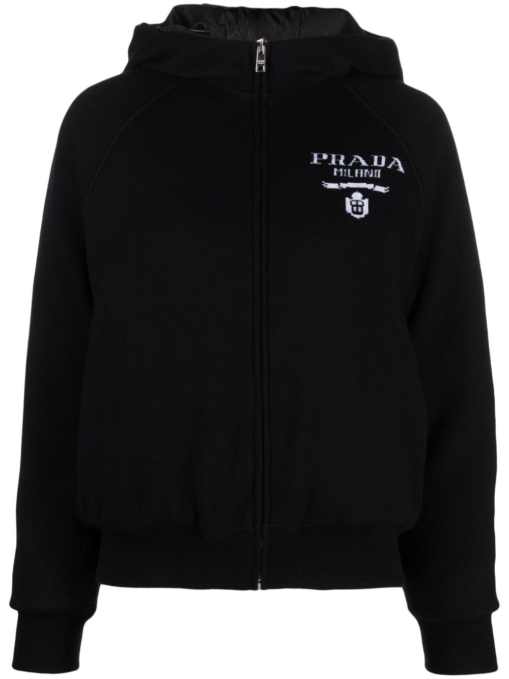 prada logo-intarsia cashmere-blend hooded jacket - black