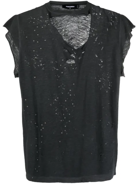 DSQUARED2 playera con efecto envejecido y bordes deshilachado