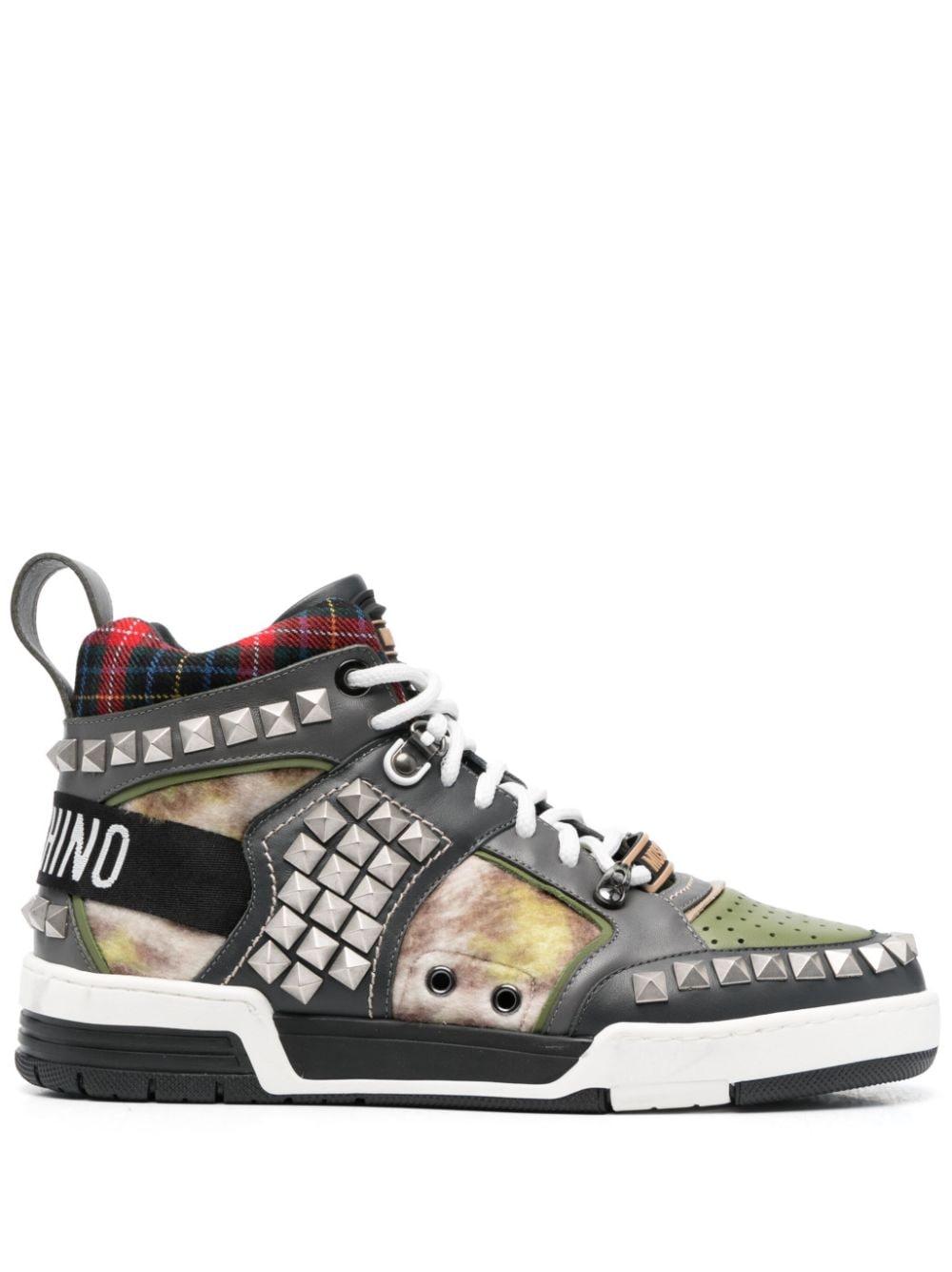 Moschino Stud-embellished Patchwork Sneakers In Grey