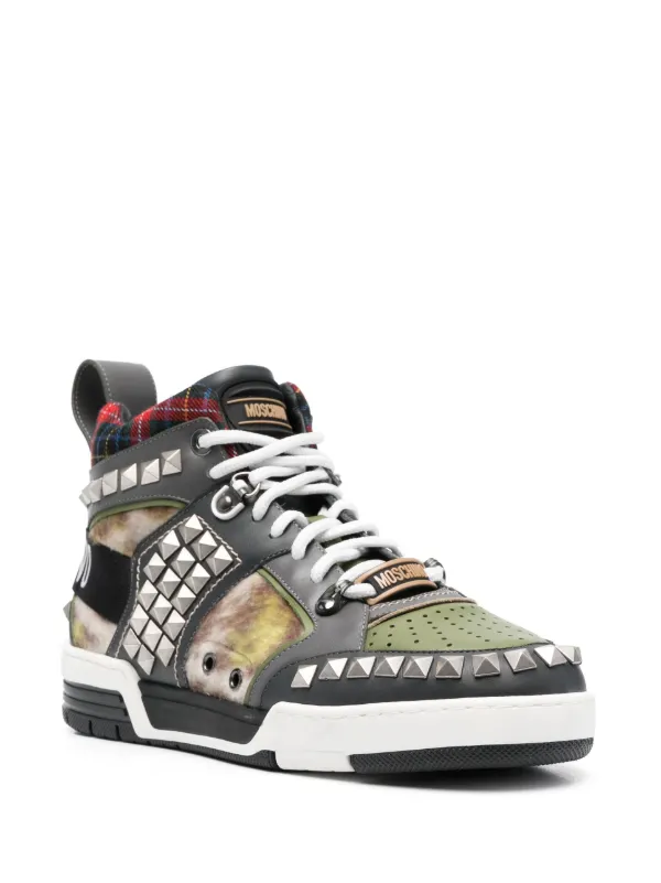 Moschino stud-embellished Patchwork Sneakers | Grey | FARFETCH