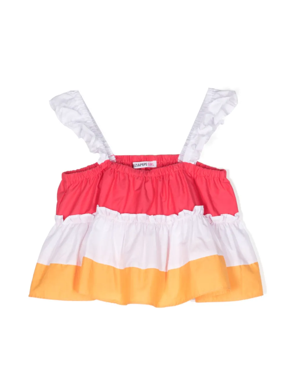 Patrizia Pepe Girl Kids' Colour-block Ruffle-detail Cotton Blouse In White