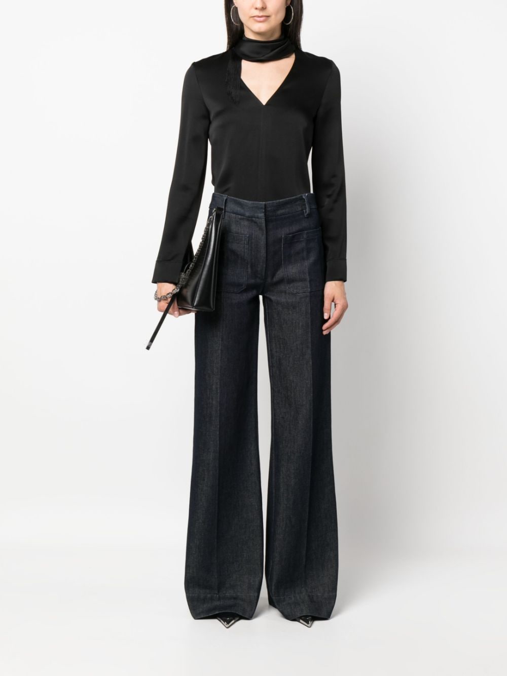 Shop Victoria Beckham V-neck Fringed Satin Blouse In Black