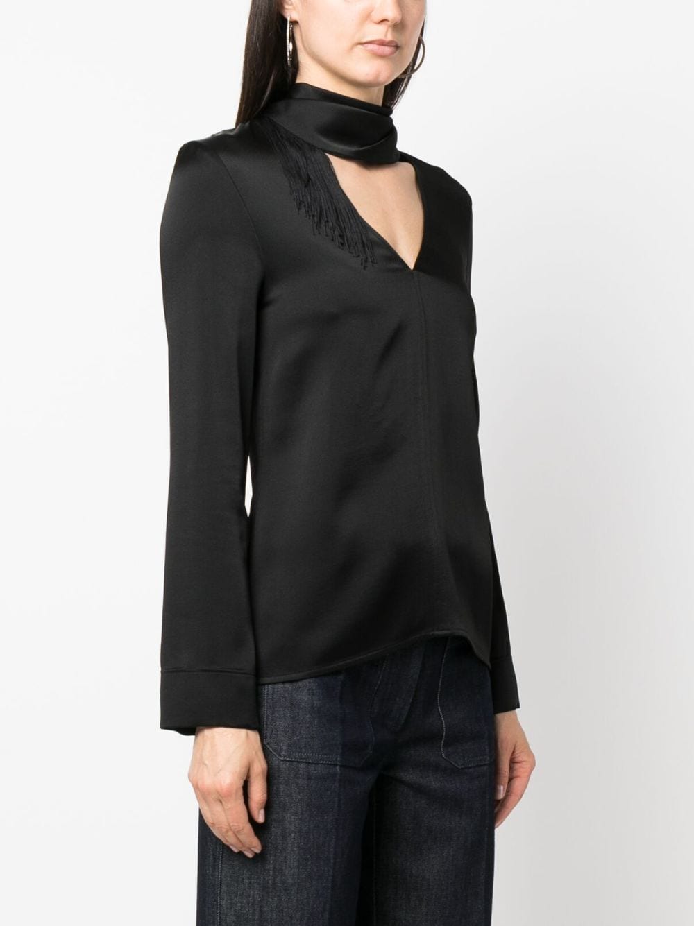 Shop Victoria Beckham V-neck Fringed Satin Blouse In Black