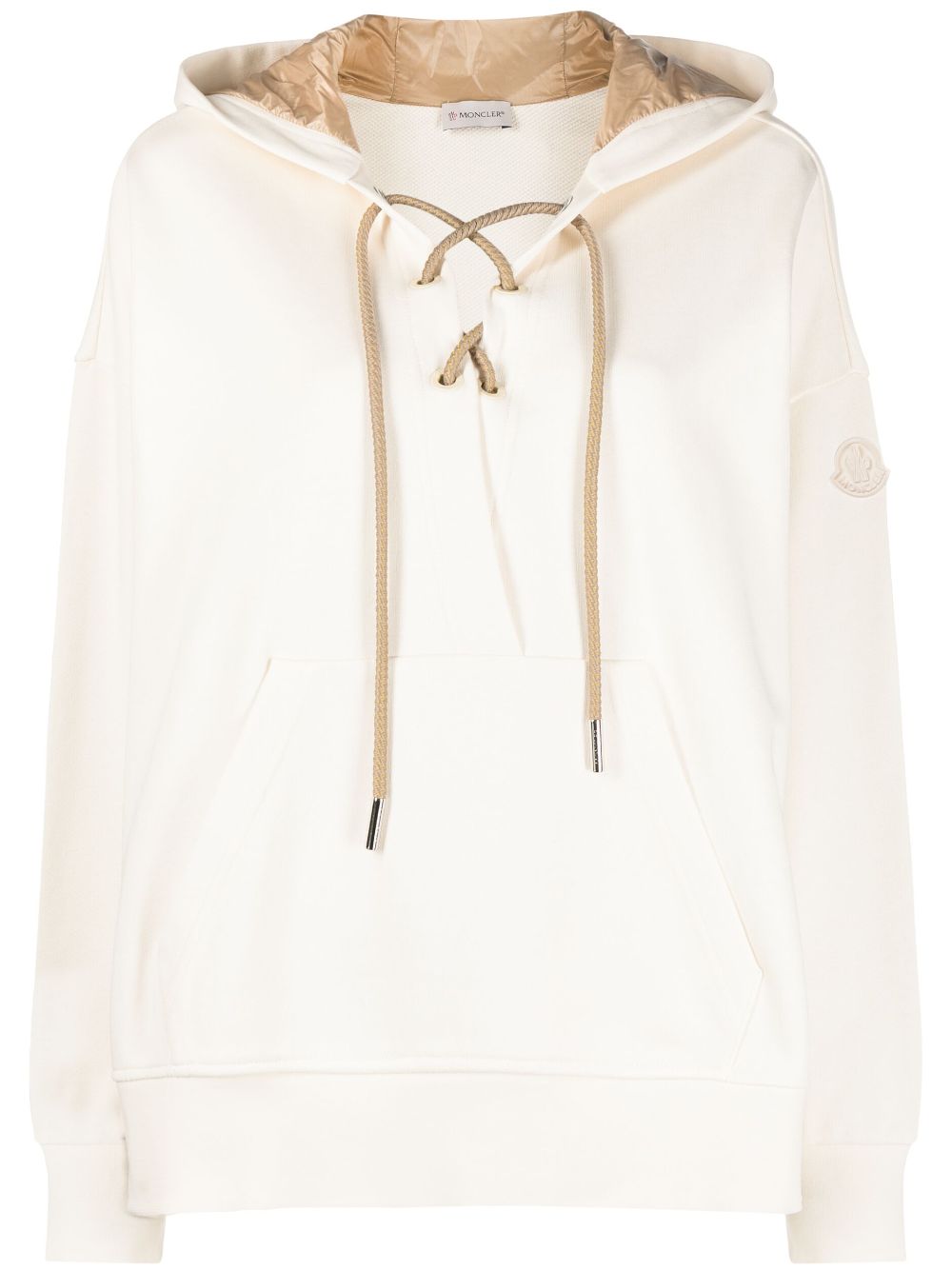 Moncler Drawstring-fastened Logo-patch Hoodie In Neutrals