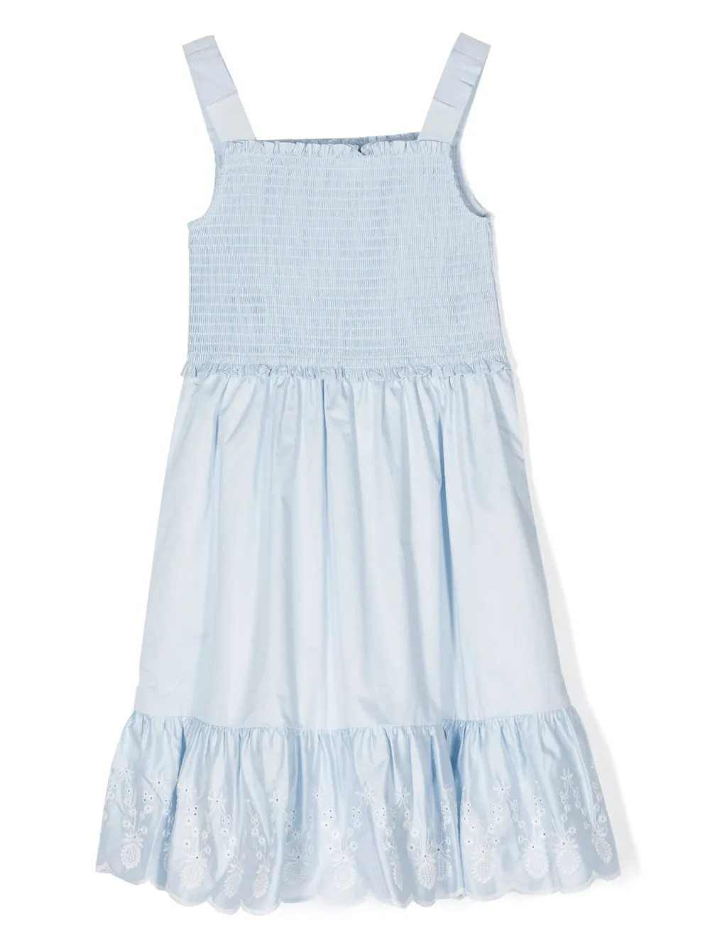 Self-portrait Kids' Smocked Cotton Poplin Dress In Blue