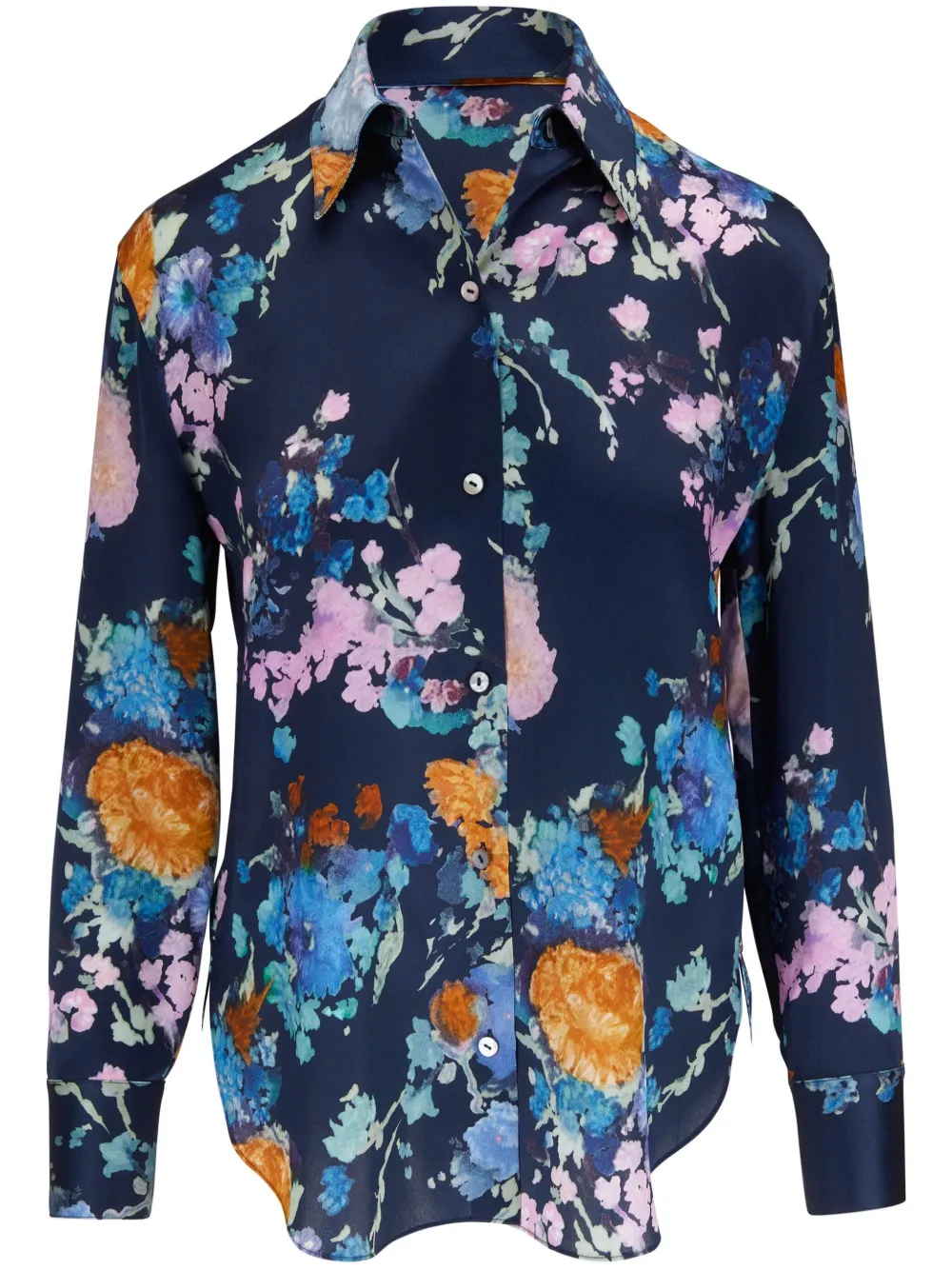 Vince Painted Bouquet Long Sleeve Silk Button-up Shirt In Blue