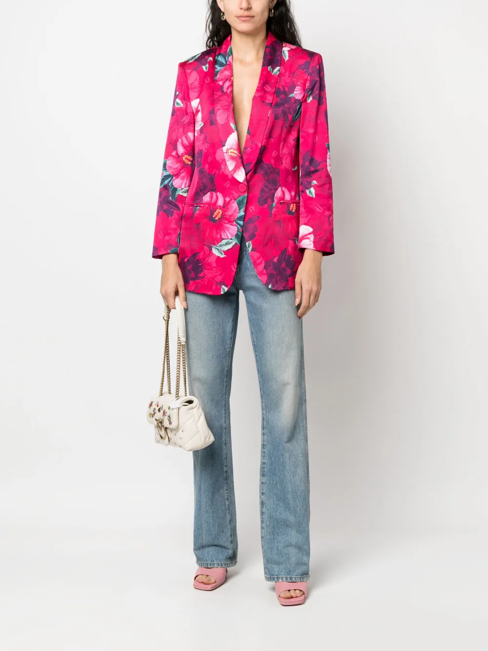 Shop Pinko Hibiscus-print Single-breasted Blazer In Rosa