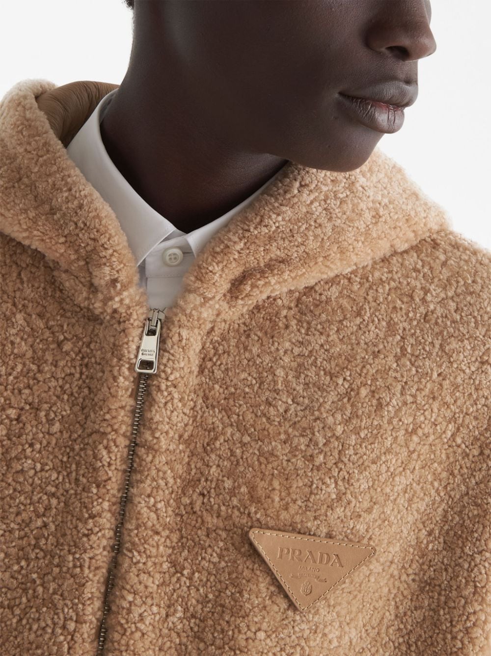 Shop Prada Hooded Shearling Jacket In Nude